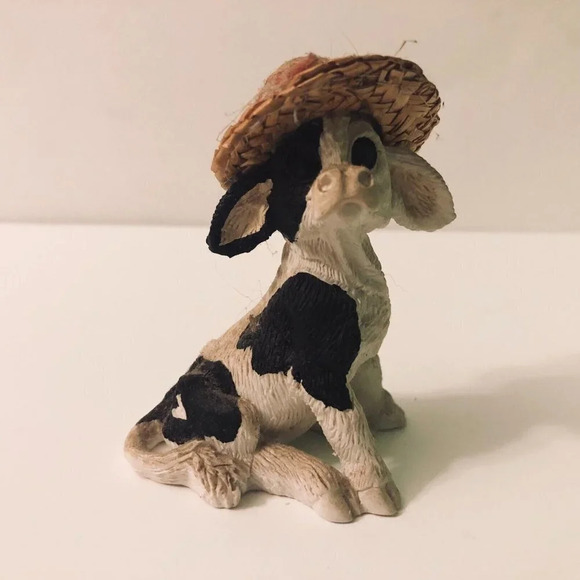 Vtg Lot of 2 Enesco Kathy Wise Calf Cow Figure  Straw Hats - Picture 2 of 16